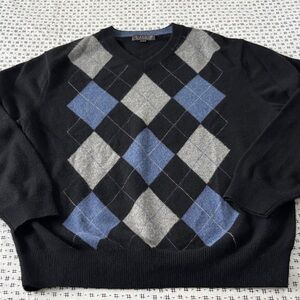 Giasone argyle sweater, cashmere, black w/ blue, lite gray, small v-neck, size L